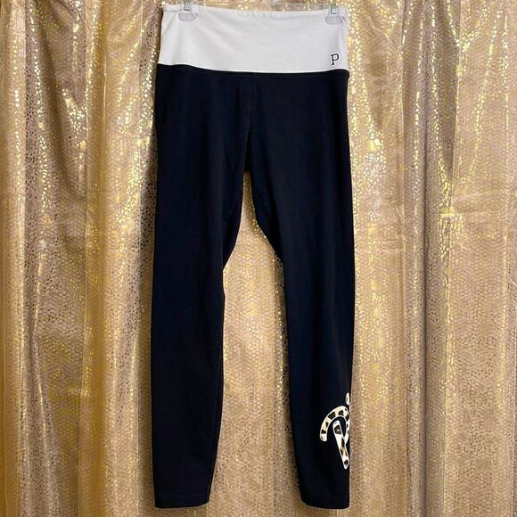 PINK Victoria’s Secret high waisted black/white leopard logo leggings, size M - Picture 2 of 6